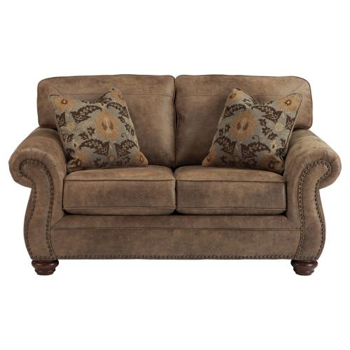Loveseat with Weathered Leather-Like, Distressed Texture, Nailhead Trim