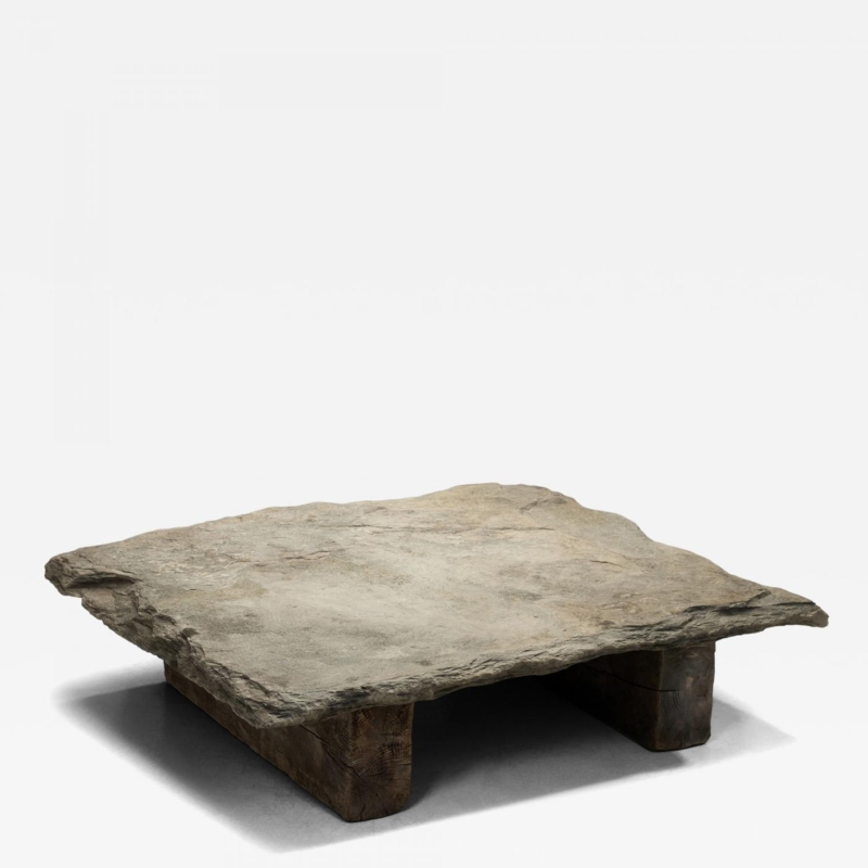 Low Brutalist Coffee Table Irregular Stone Slab Wood Base