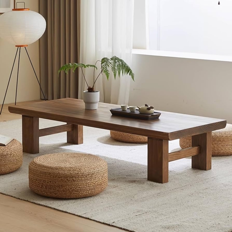 Low Floor Coffee Table Japanese Style Dark Walnut Finish Flared Legs Zen