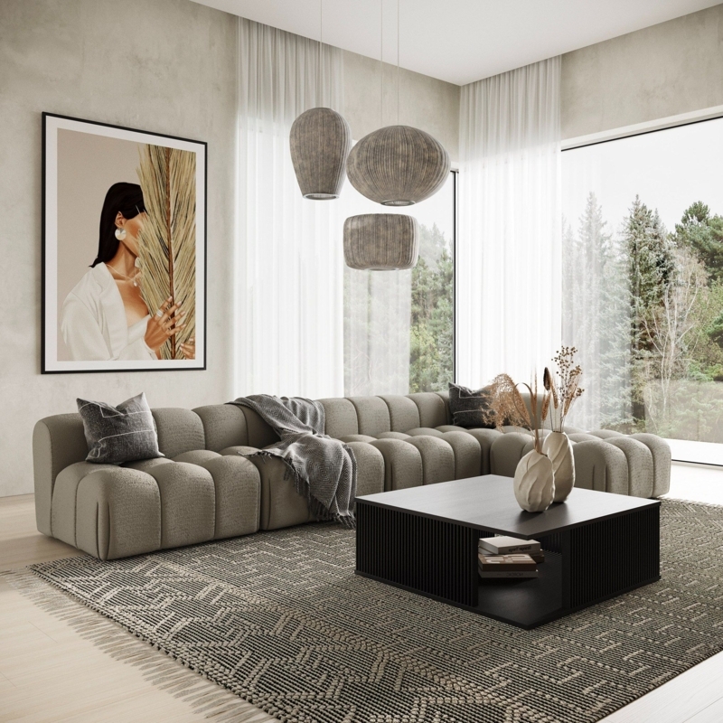 Low Profile Biscuit Tufted Sofa: Tan Modular Sectional Design