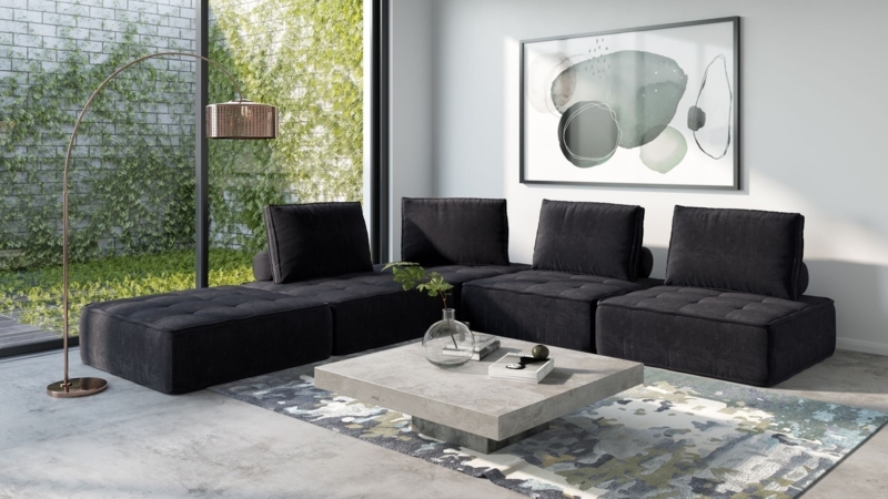 Low Profile Black Sectional Sofa with Cylindrical Metal Legs U-Shaped