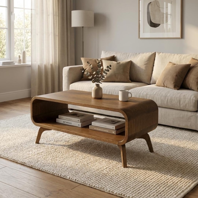Low Profile Coffee Table, Faceted Edge, Geometric Wood Design