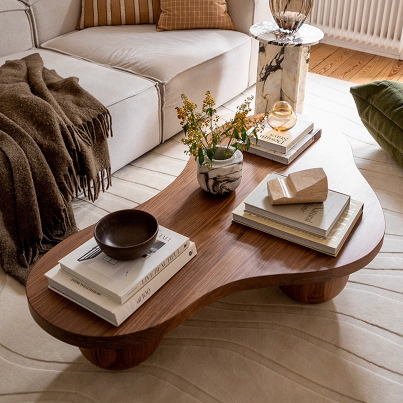 Low Profile Coffee Table, Organic Shape, Thick Cylindrical Legs