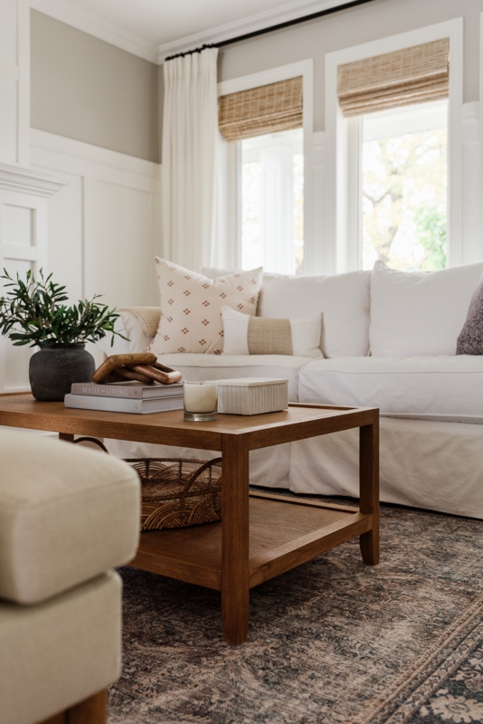 Low Profile Coffee Table with Chunky Block Legs, Natural Blonde Finish