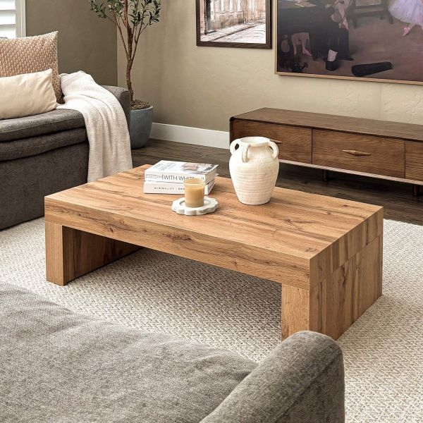Low Profile Coffee Table with Slab Legs, Rustic Oak and Modern Chunky Design