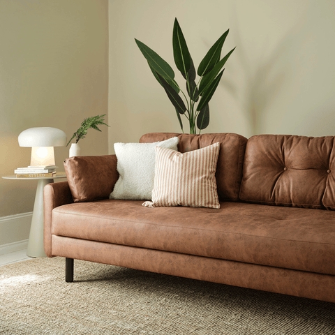 Low Profile Cognac Faux Leather Sofa Deep Seated Track Arms Minimalist