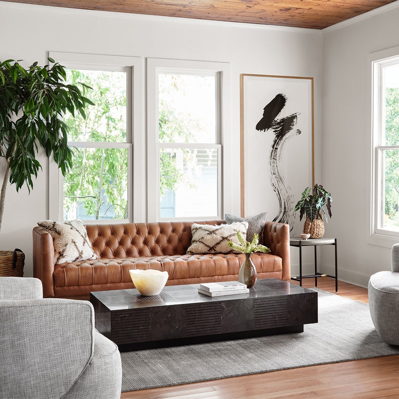 Low Profile Diamond Tufted Sofa with Metal Legs in Washed Leather-Like
