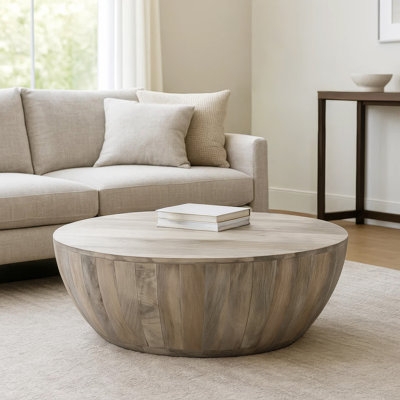 Low Profile Drum Coffee Table, Vertical Wood Slats, Scandinavian Style