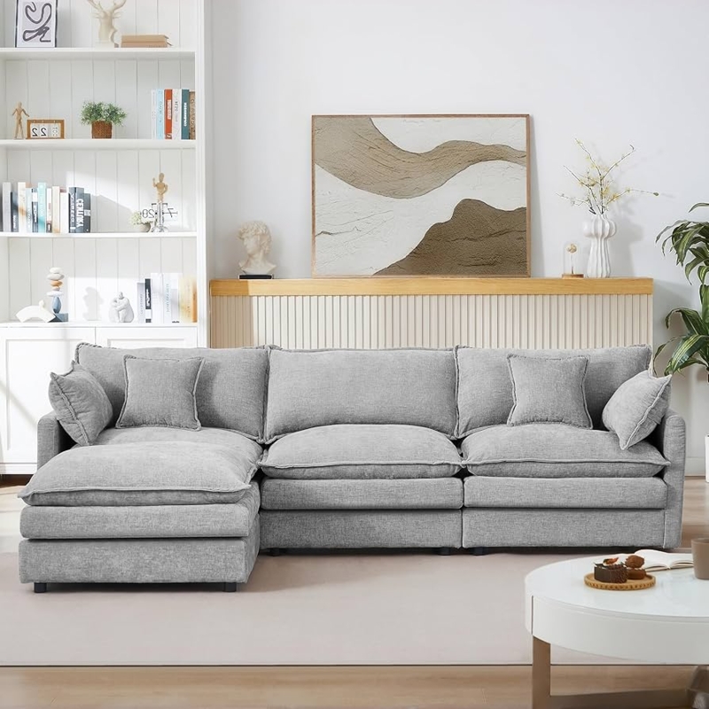 Low Profile Grey Sectional Sofa with Deep Puffy Cushions