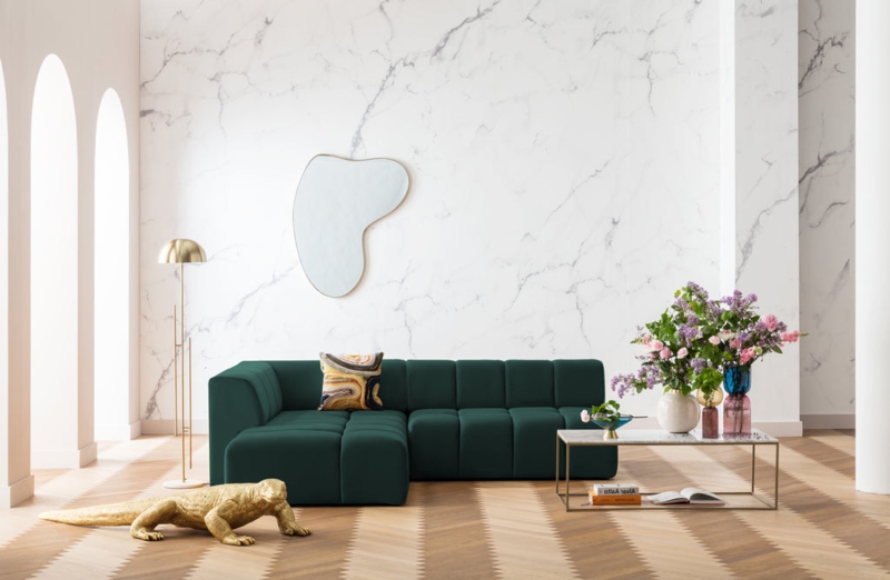 Low Profile L-Shaped Couch: Heathered Grey Fabric, Wide Armrests