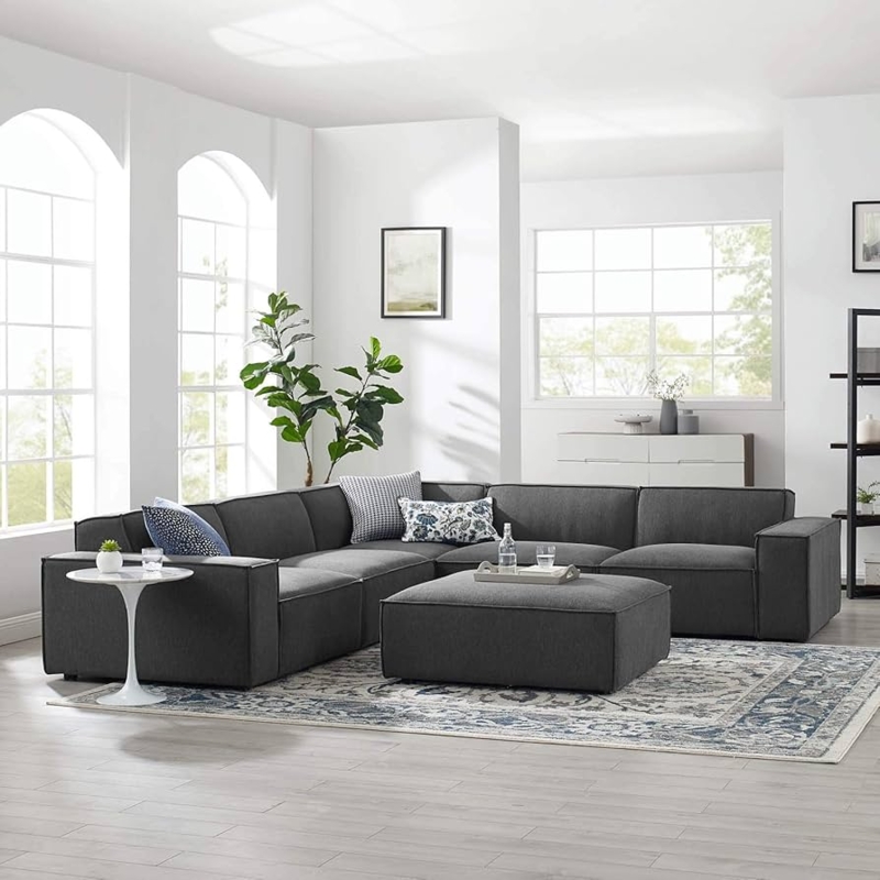 Low Profile Modular Sectional Sofa Charcoal Textured Weave
