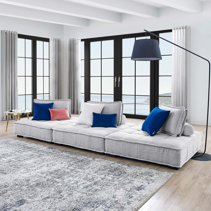 Low Profile Modular Sectional Sofa with Blocky Silhouette in Gray Fabric