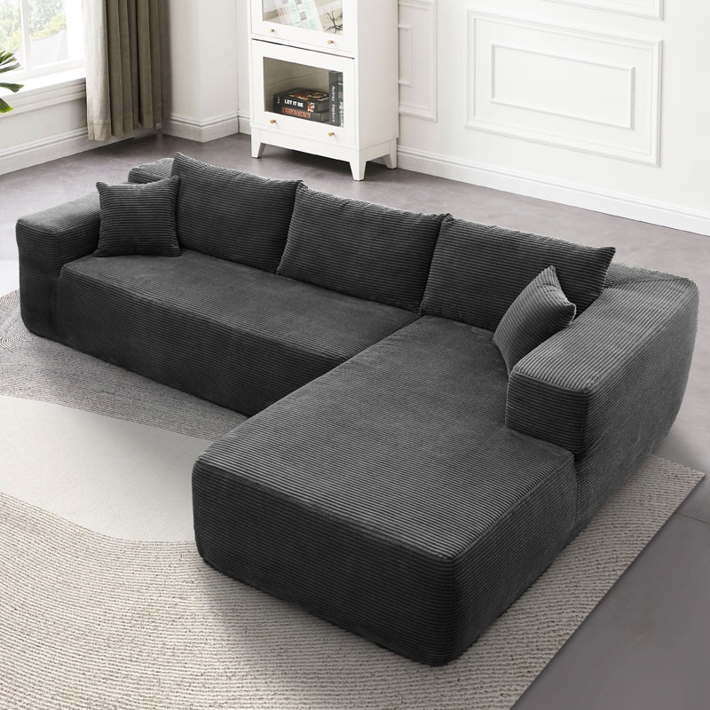 Low Profile Sectional Sofa, Cream Ribbed Fabric Floor Seating.
