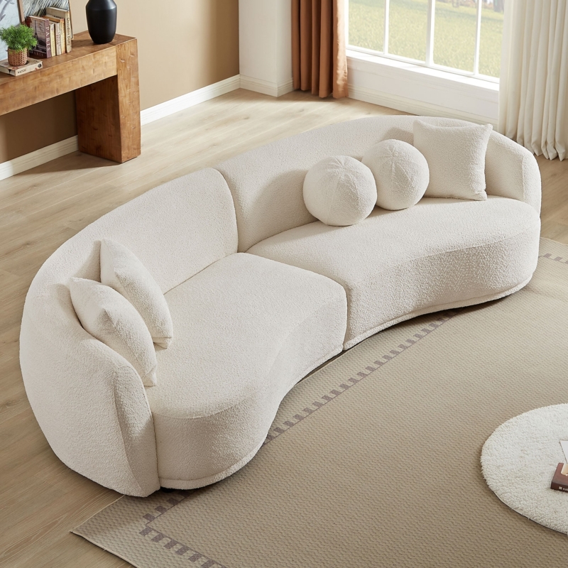 Low Profile Sectional Sofa, Cream Teddy Fabric, Deep Seat Boucle Texture