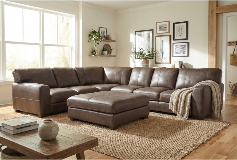 Low Profile Sectional Sofa in Cognac, Modern Slat Wall Setting