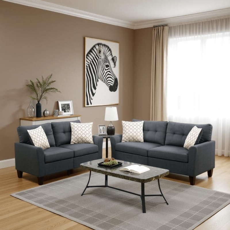 Low Profile Sectional Sofa Square Tufting Glossy Polyfiber Gray