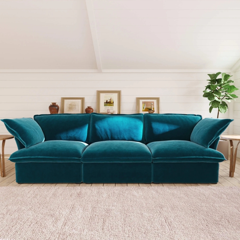 Low Profile Sectional Sofa Turquoise Velvet Modular Rounded Edges