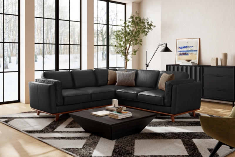Low Profile Sectional Sofa with Adjustable Headrests in Black