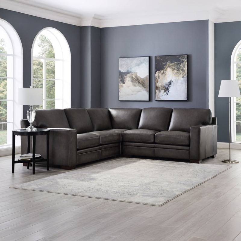 Low Profile Sectional Sofa with Blocky Arms in Cognac