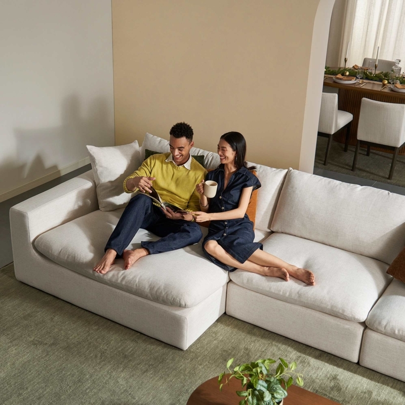 Low Profile Sectional Wide Chaise Japandi Style Wood Base