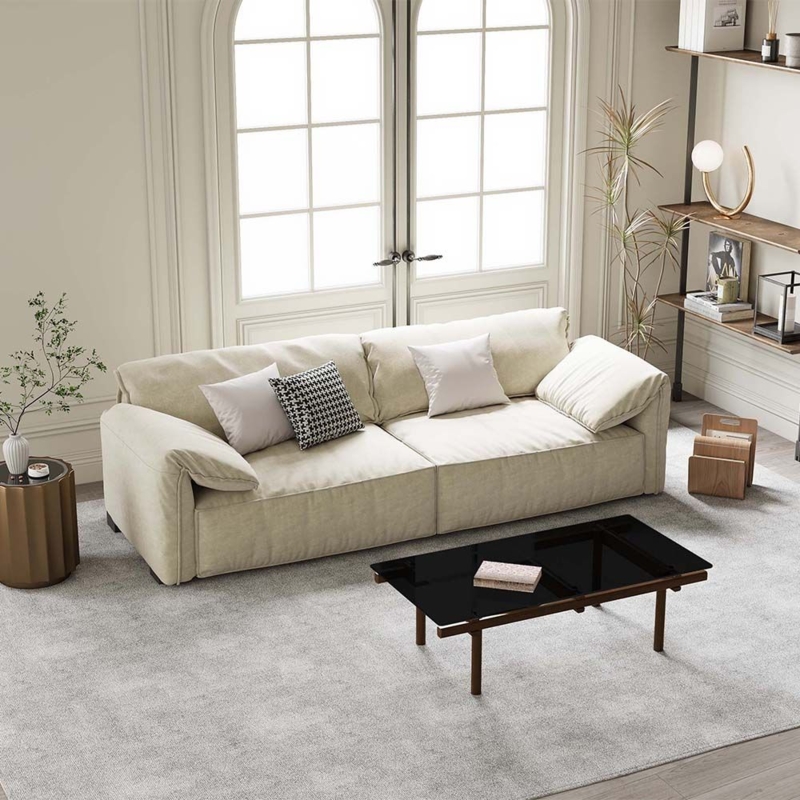 Low Profile Sofa Cream Fabric Deep Seating Pillow Top Arms Modern Minimalist