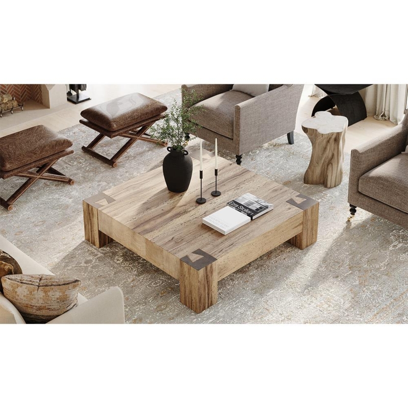 Low Profile Square Coffee Table with Parquet Top and Block Base