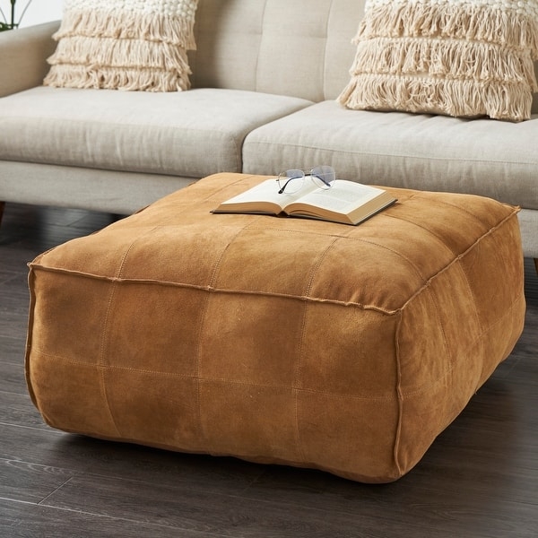 Low Profile Square Patchwork Pouf with Exposed Stitching