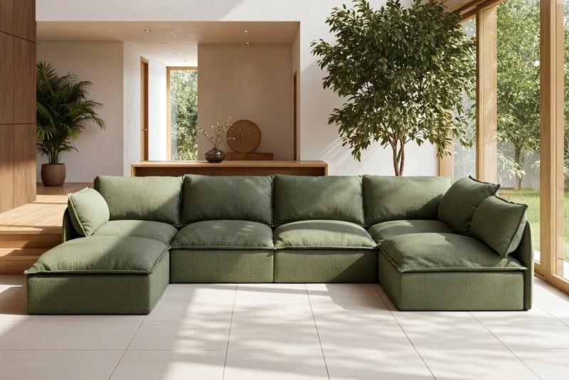 Low Profile U-Shaped Couch Olive Green Ribbed Fabric Modular