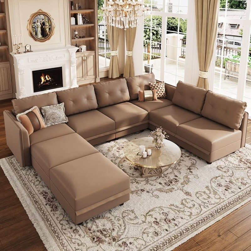 Low Profile U-Shaped Sectional Cognac Brown Modular