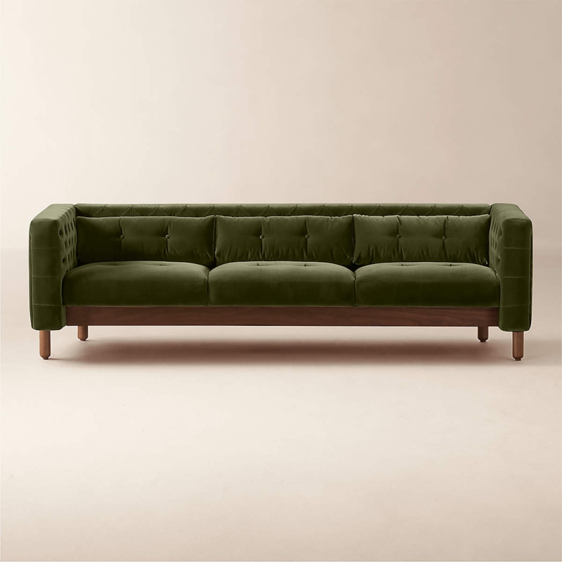 Low-Slung Forest Green Velvet Sofa, Vertical Channel Tufting