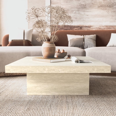 Low Square Block Coffee Table, Dark Wood Finish, Plinth Base Minimalist