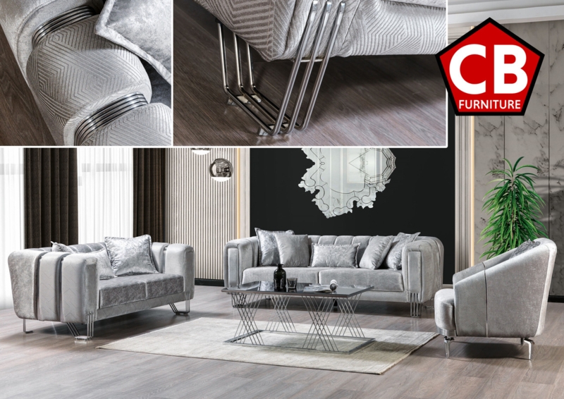 Luxurious Living Room Set with Silver Leaf Carved Trim