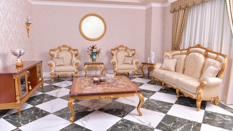 Luxury Italian Sofa Set Carved Gold Frame Curved Silhouette Baroque