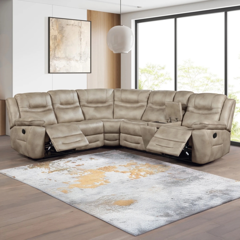 Manual Reclining Sectional Contrast Stitching Textured Weave Console