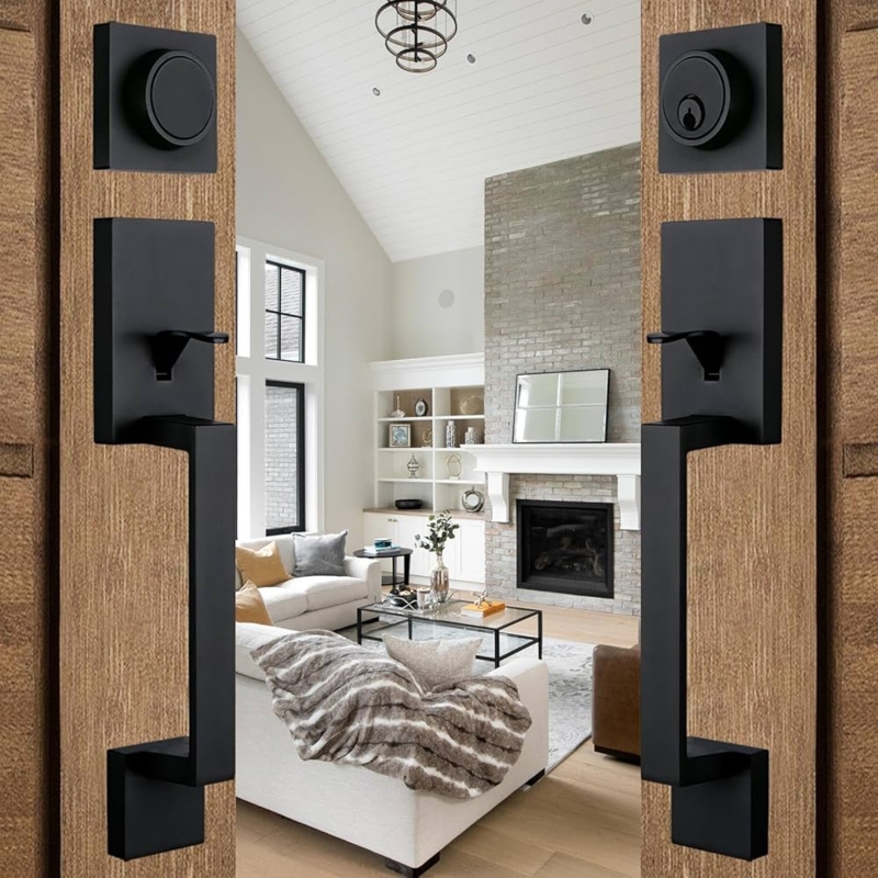 Matte Black Double Door Handleset with Keyed Deadbolts