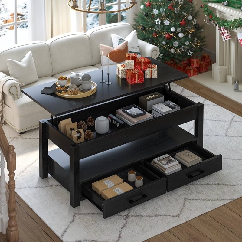 Matte Black Lift Top Coffee Table with Two Drawers and X-Frame Legs