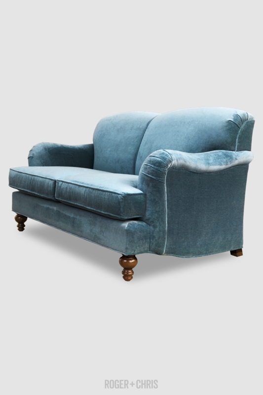 Mediterranean Blue Velvet English Roll Arm Sofa with Front Casters