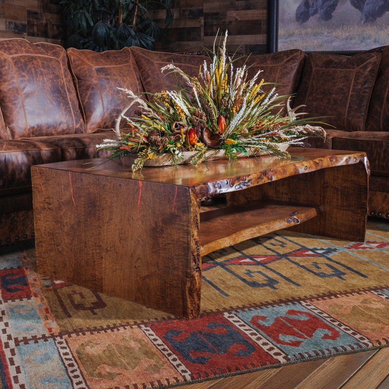 Mesquite Coffee Table with Metal Arrowhead Legs and Turquoise Inlays