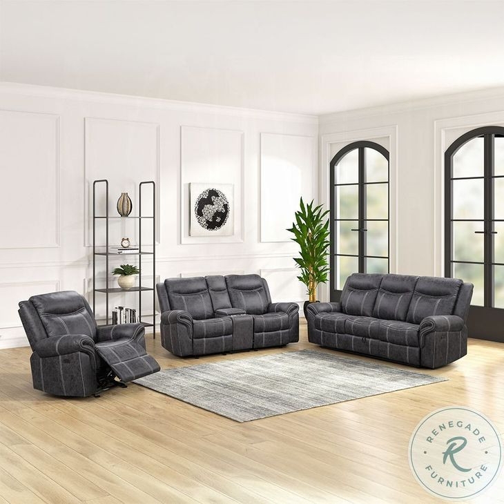 Microfiber Living Room Set with Drop-Down Center Table and Cup Holders.