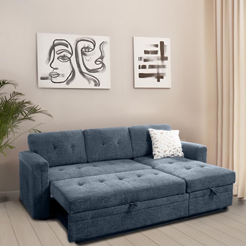 Microfiber Sectional Sleeper Sofa Rolled Arms Trundle Bed Storage