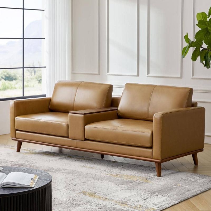 Mid-Century Button Tufted Seat Sofa with Bolsters and Tapered Legs