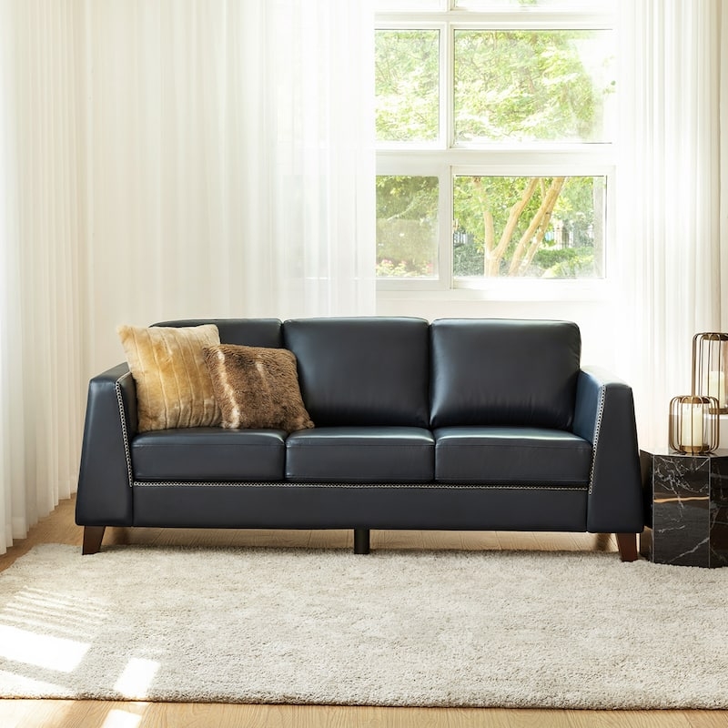 Mid-Century Camel Leather-like Tuxedo Sofa with Tapered Wood Legs