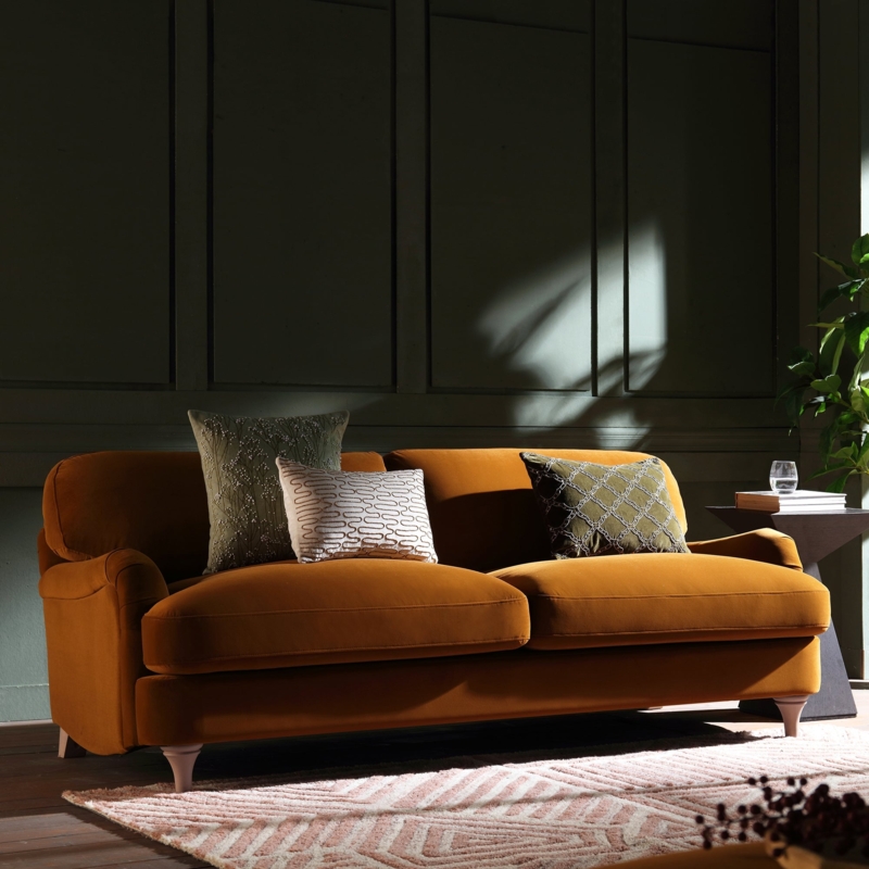 Mid-Century Cinnamon Velvet Sofa with Tapered Wood Legs