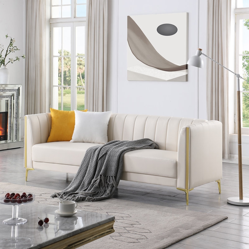Mid-Century Cognac Faux Leather Tuxedo Sofa with Button Tufting