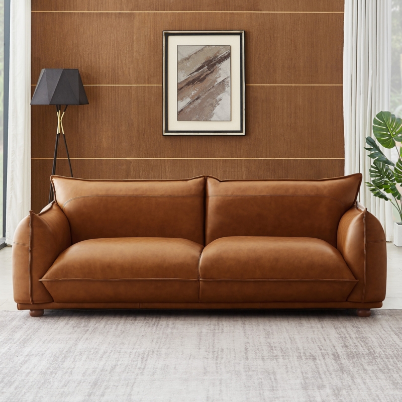 Mid-Century Cognac Leather Sofa with Squared Arms and Tapered Legs