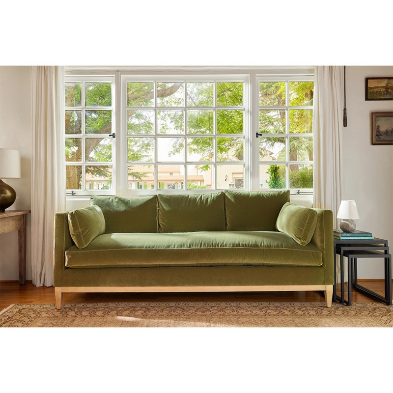 Mid-Century Emerald Green Velvet Sofa with Track Arms