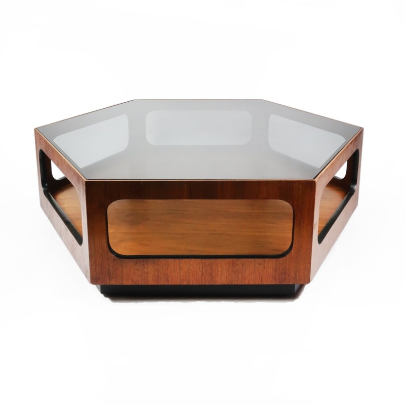 Mid-Century Hexagonal Coffee Table, Walnut Frame & Inset Smoked Glass Top