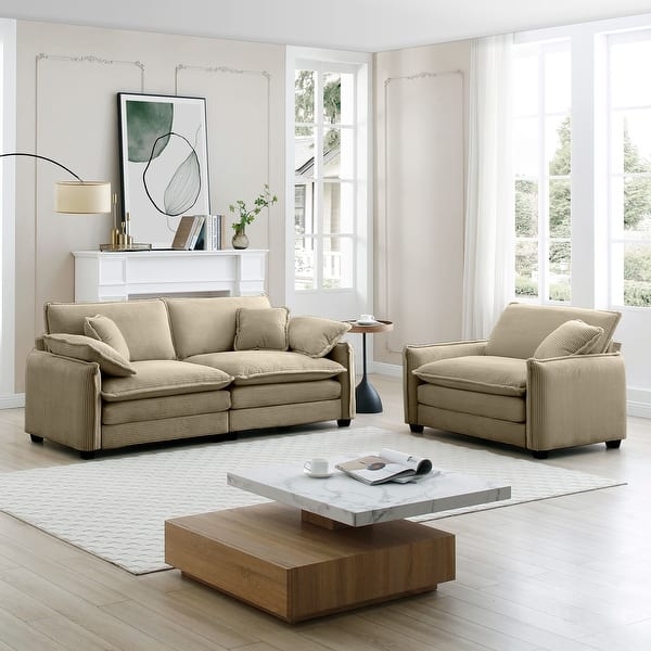 Mid Century Living Room Set Tan Tufted Bolster Pillows