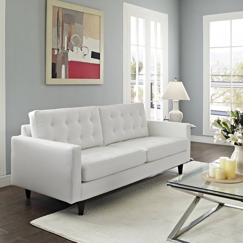 Mid-Century Loveseat in White Leather-Like with Deep Button Tufting