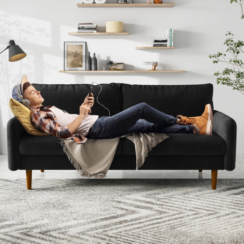 Mid-Century Modern Black Loveseat with Tapered Wood Legs